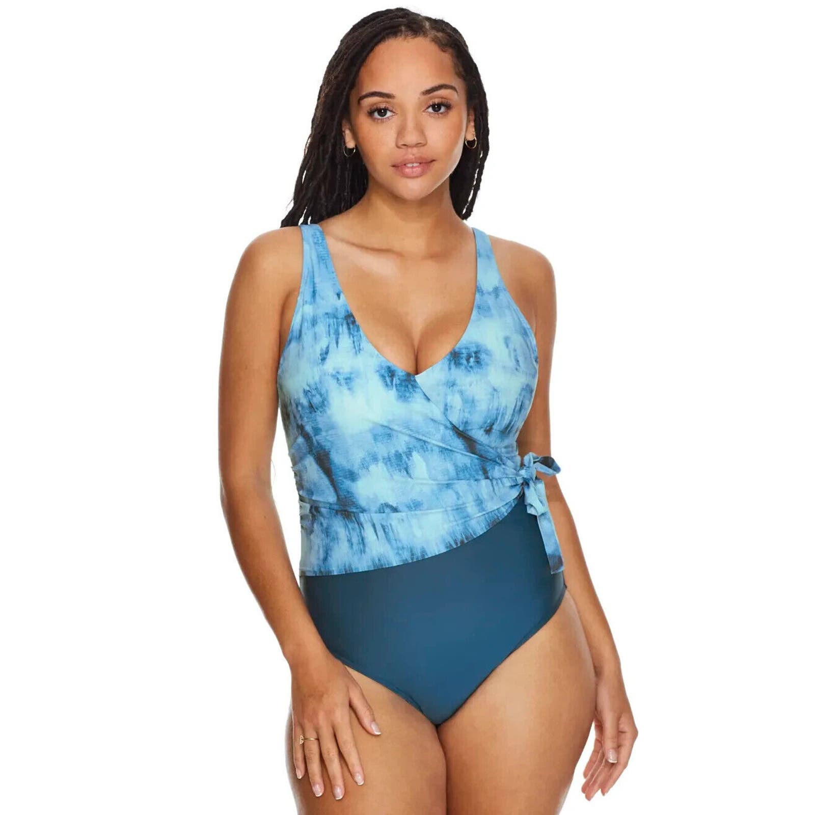 Blue Tie-Waist One-Piece Swimsuit With Wrap Bodice